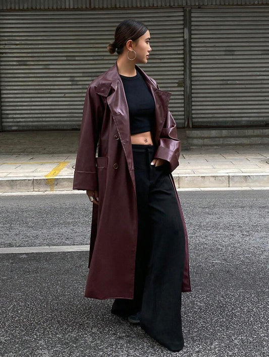 Burgani - Burgundy Faux Leather Trench Coat