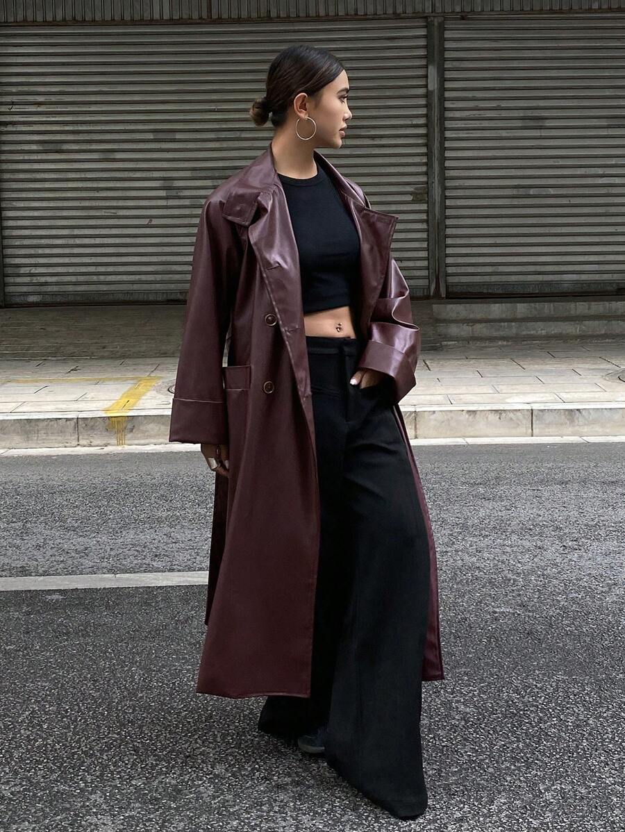 Burgani - Burgundy Faux Leather Trench Coat