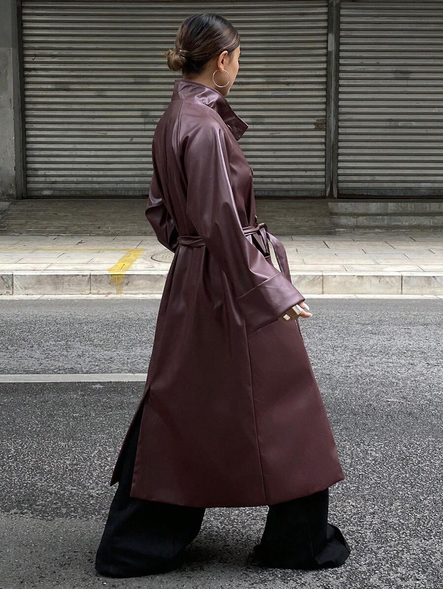 Burgani - Burgundy Faux Leather Trench Coat