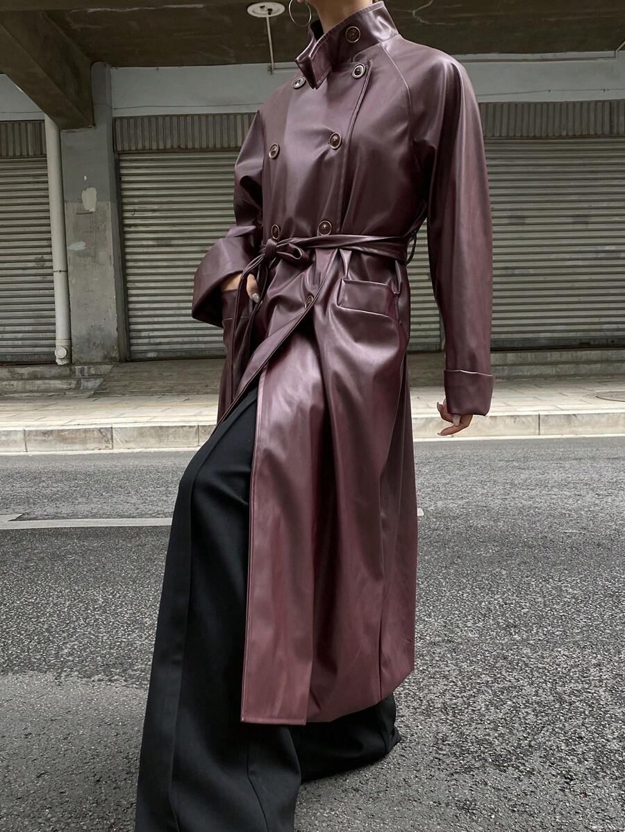 Burgani - Burgundy Faux Leather Trench Coat