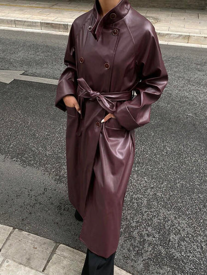 Burgani - Burgundy Faux Leather Trench Coat