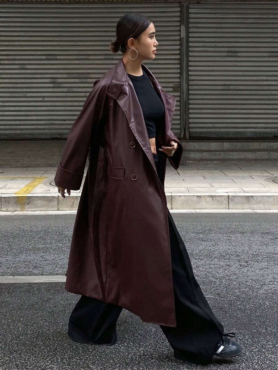 Burgani - Burgundy Faux Leather Trench Coat