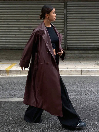 Burgani - Burgundy Faux Leather Trench Coat