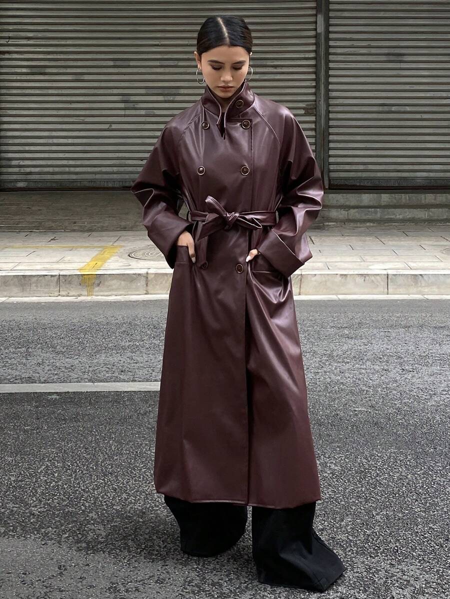 Burgani - Burgundy Faux Leather Trench Coat