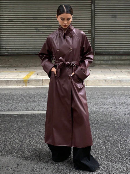 Burgani - Burgundy Faux Leather Trench Coat