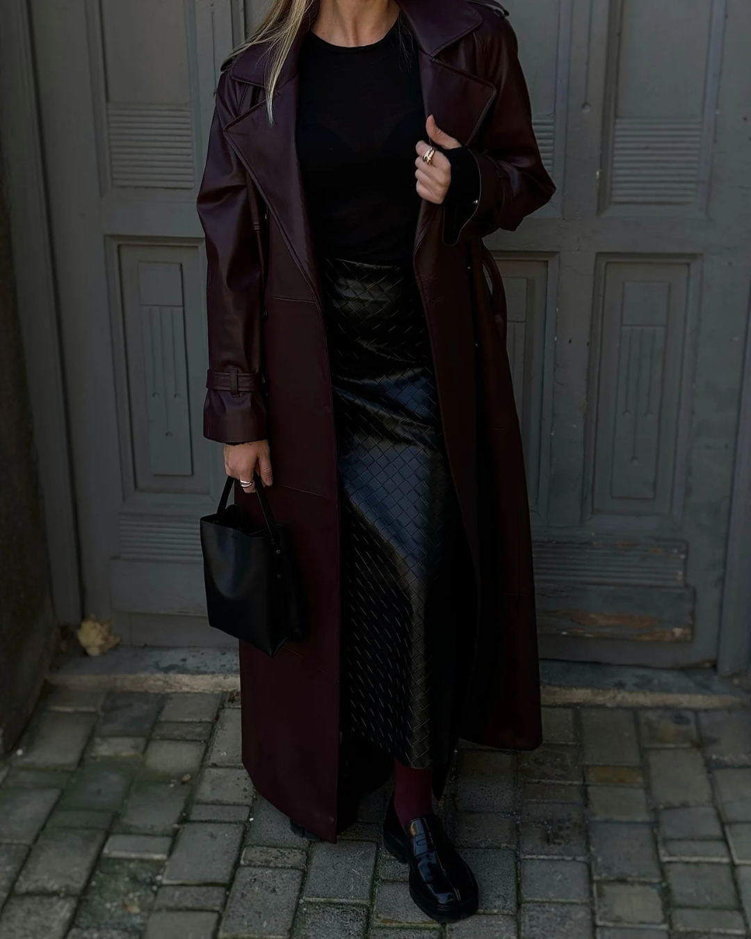 Burgani - Burgundy Faux Leather Trench Coat