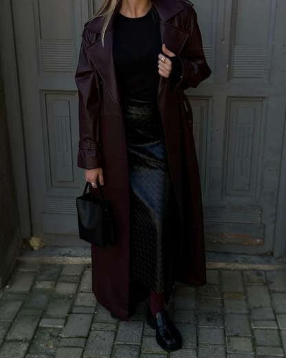 Burgani - Burgundy Faux Leather Trench Coat