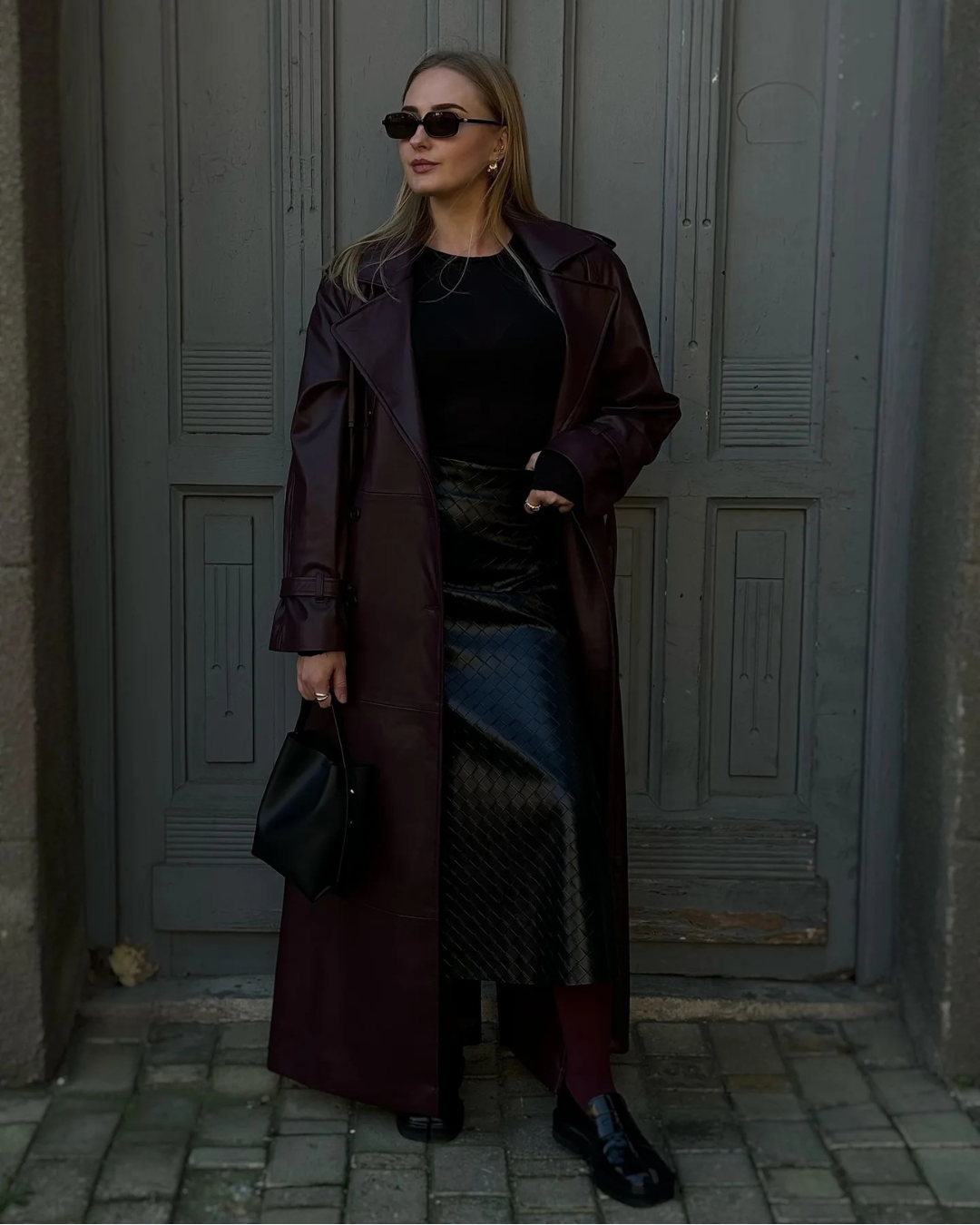 Burgani - Burgundy Faux Leather Trench Coat