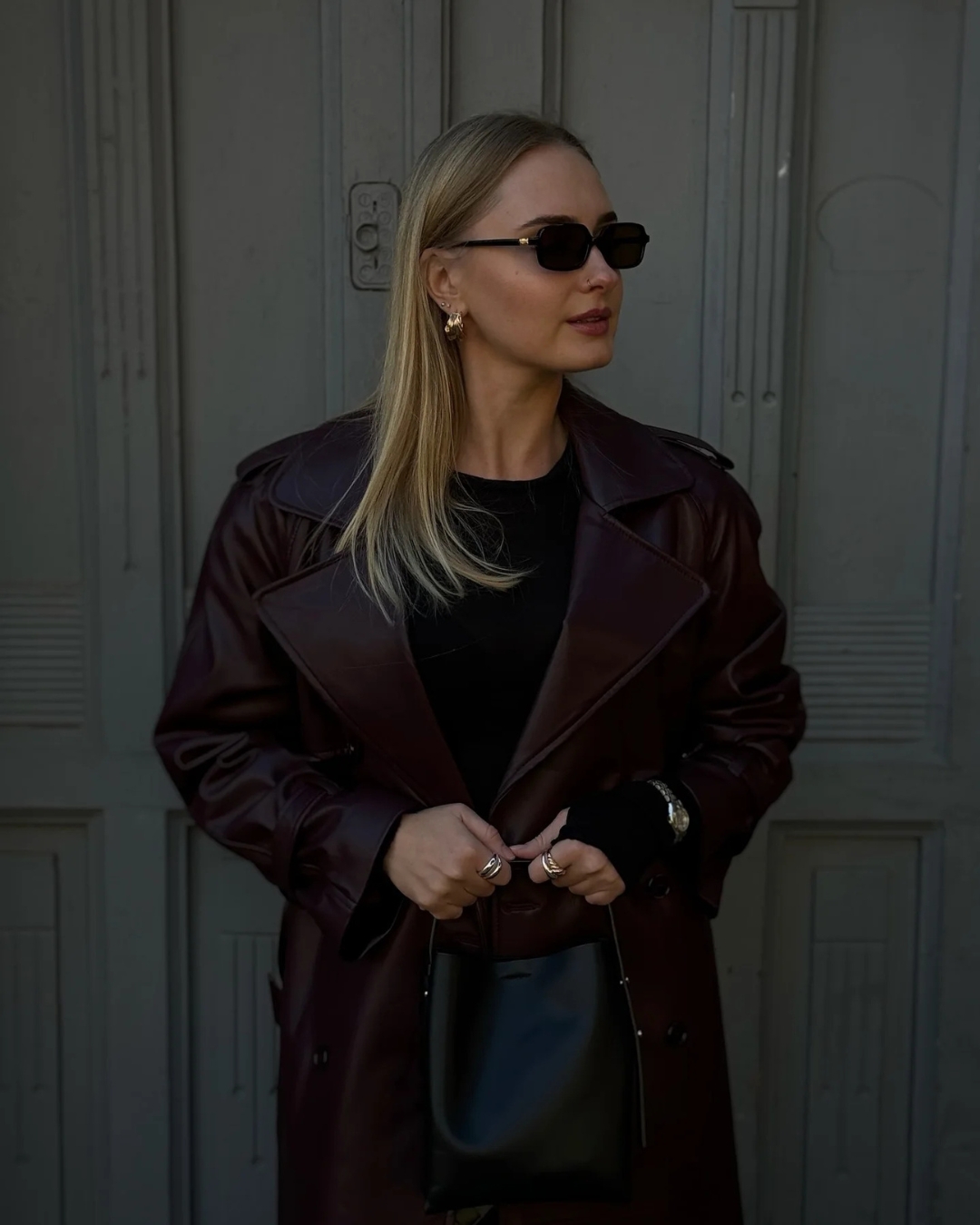 Burgani - Burgundy Faux Leather Trench Coat