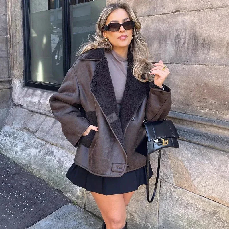 Vintage Oversized Läderjacka med Teddy Foder
