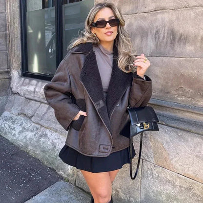 Vintage Oversized Läderjacka med Teddy Foder