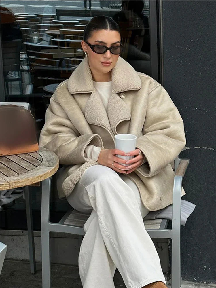 Vintage Oversized Läderjacka med Teddy Foder