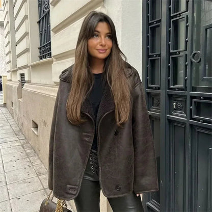 Vintage Oversized Läderjacka med Teddy Foder