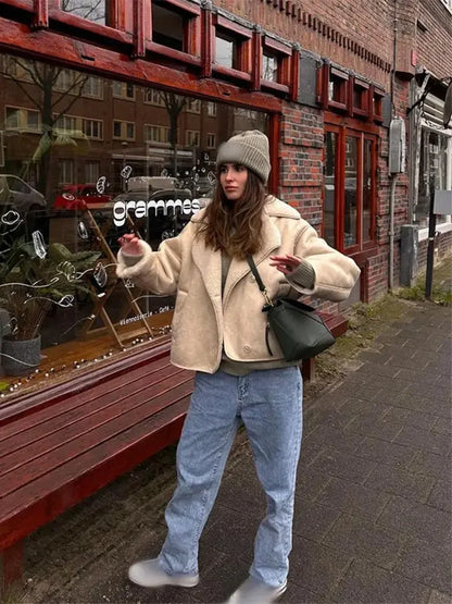 Vintage Oversized Läderjacka med Teddy Foder