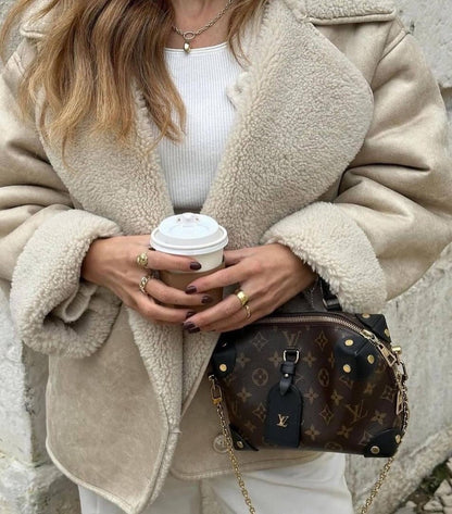 Vintage Oversized Läderjacka med Teddy Foder