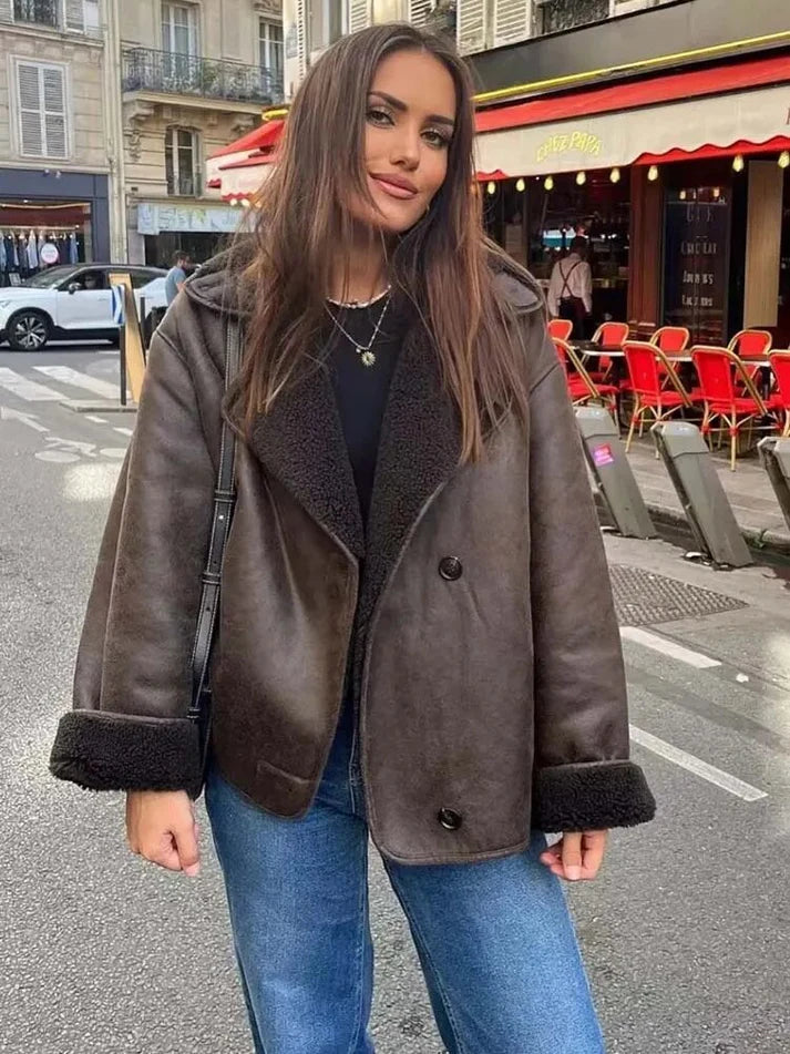 Vintage Oversized Läderjacka med Teddy Foder
