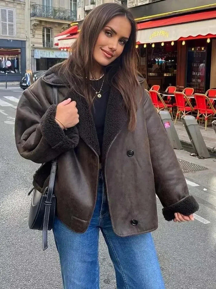 Vintage Oversized Läderjacka med Teddy Foder