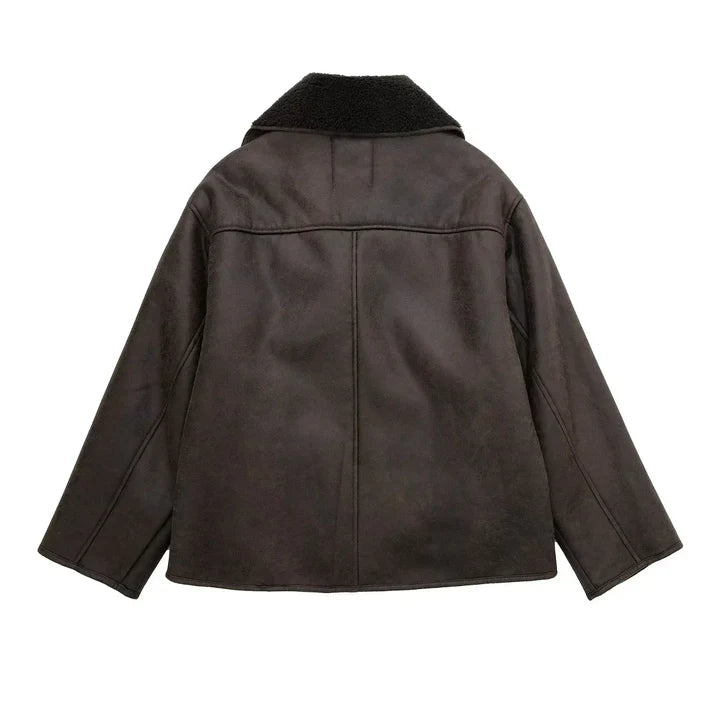 Vintage Oversized Läderjacka med Teddy Foder