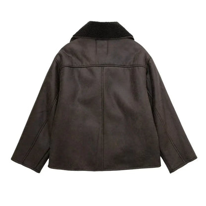 Vintage Oversized Läderjacka med Teddy Foder