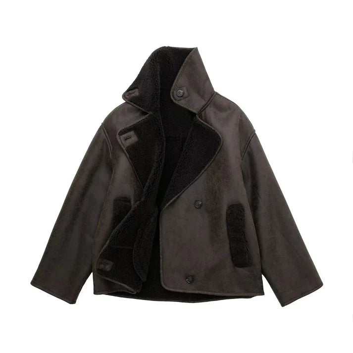 Vintage Oversized Läderjacka med Teddy Foder