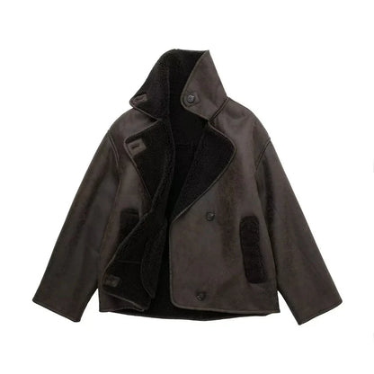 Vintage Oversized Läderjacka med Teddy Foder