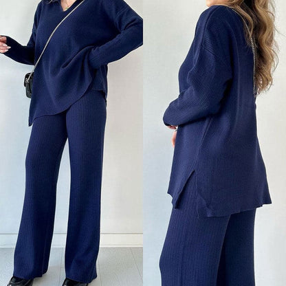 🔥2024 Nieuw V-hals Casual Split Gebreide Tweedelige Set - Gratis verzending