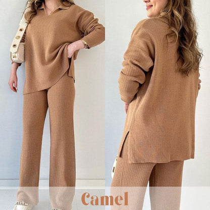 🔥2024 Nieuw V-hals Casual Split Gebreide Tweedelige Set - Gratis verzending